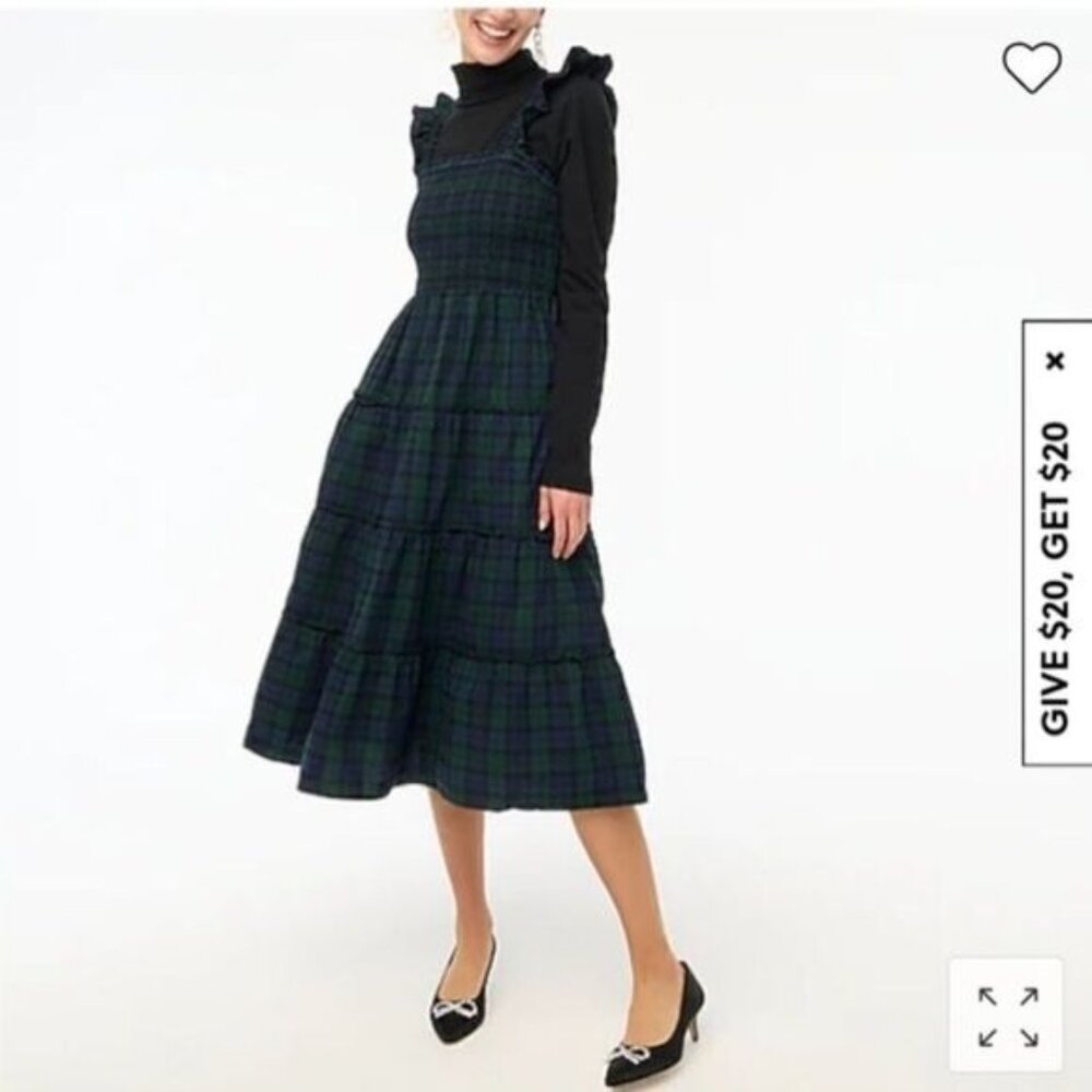 J. Crew Factory Blackwatch Plaid Ruffled Midi Dress - Navy & Green